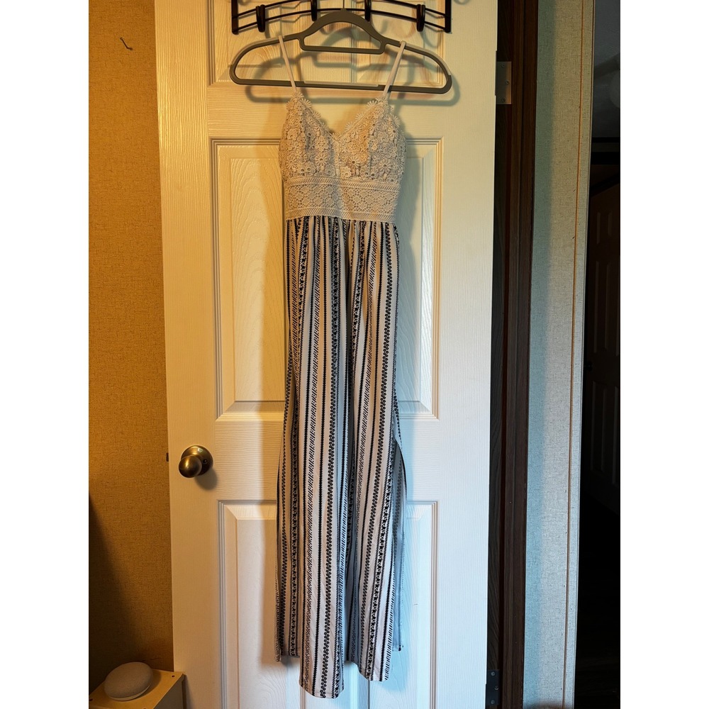 No Boundaries White Crochet Lace Black Striped Boho Maxi Dress XS 1